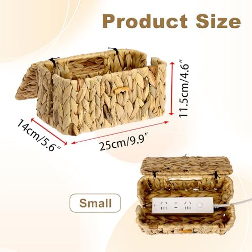 BTSKY Woven Cable Management Box with Lid Water Hyacinth Cord Organizer, S