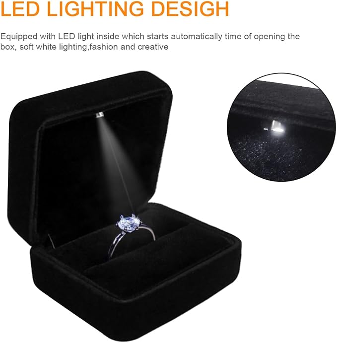 Velvet Ring Box with LED Light Jewelry Display Gift Box for Proposal,Engagement, Wedding