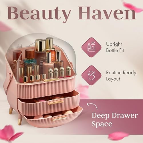 Covered Makeup Cosmetic Countertop - Large Cosmetic Organizer - Trendy Oval Shape Storage for Skin Care Organizer - Clea