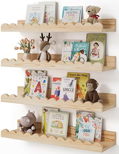 Shario Nursery Book Shelves, 4-Pack Wood Floating Shelves for Wall Kids, Scalloped Shelves, Wall Book Shelves for Bedroo