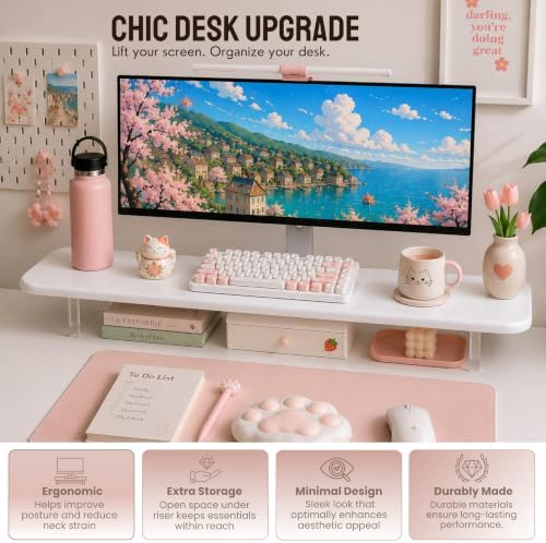 Bamboo Monitor Riser, Wide Desktop Monitor Stand for Desk with Clear Acrylic Legs, 31.5 x 8 inch Bamboo Wood Shelf, Fit 