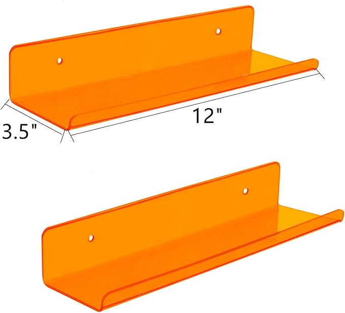 ROYALITA 2-Pack Small Acrylic Shelves Wall Mounted, 12 in Display Shelves | for Small Items, Plants, Room Decor Floating Wall Shelves for Gaming Room, Bedroom, Living Room, Office, Orange