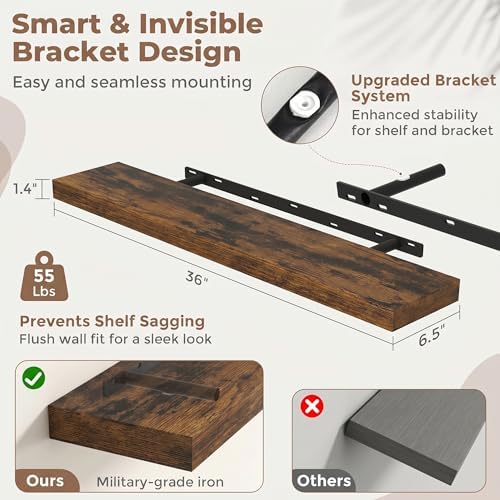 36 Inch Floating Shelves for Wall, 6.5"D Wood Storage Shelves, Brown Finish