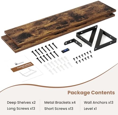 Axeman 48 Inch Floating Shelves, 8 Inch Deep Brown Wall Shelves Set of 2