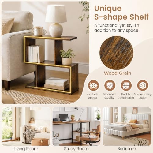 GIANTEX 3-Tier Geometric Bookshelf Set of 2, Wood S-Shape Bookcase, Brown