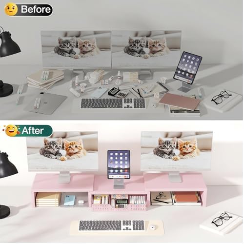 OPNICE Dual Computer Monitor Stand Riser, Desk Organizer with Drawer, Office Desk Accessories & Workspace Organizers for