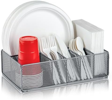 Paper Plate Organizer for Countertop, Metal Silverware Caddy for Cup, Fork, Spoon, Napkin, Paper Plate and Utensil Holde