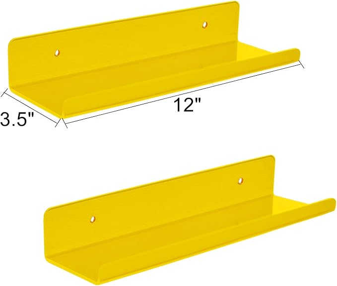 ROYALITA 2-Pack Small Acrylic Shelves Wall Mounted, 12 in Display Shelves | for Small Items, Plants, Room Decor Floating Wall Shelves for Gaming Room, Bedroom, Living Room, Office, Yellow