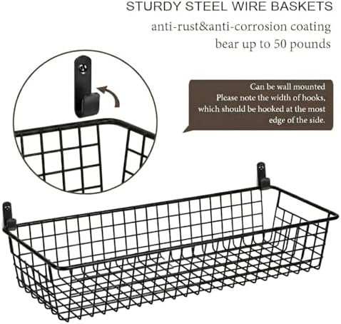 Sheechung Farmhouse Decor Metal Wire Storage Organizer Bin Basket(2 Pack) - Rustic Toilet Paper Holder - Storage Organizer for Bathroom, kitchen cabinets,Pantry, Laundry Room, Closets, Garage (Black)