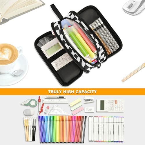Wfrish Large Pencil Case,Black White Checkered Big Capacity Pencil Pouch 3 Compartments,Zipper Pencil Box, Back to School Supplies for Teen Girls Boy Student College Adults,Travel Essentials