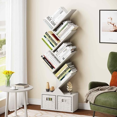 Vagusicc 6 Tier Tree Bookshelf with 2 Storage Cabinets, Tall Display Shelf Organizer for Books, Magazines, Home Decor, N
