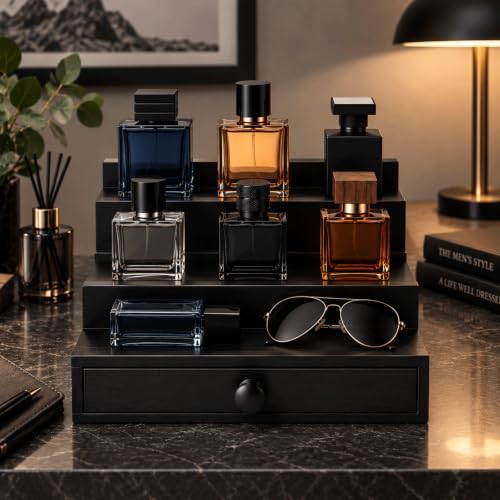 3 Tier Men's Cologne Organizer, Black Wooden Display Stand with Drawer