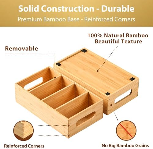 Umilife Bamboo Pantry Organizers and Storage Bins with Removable Dividers, Kitchen Drawer Cabinet Countertop Organizatio
