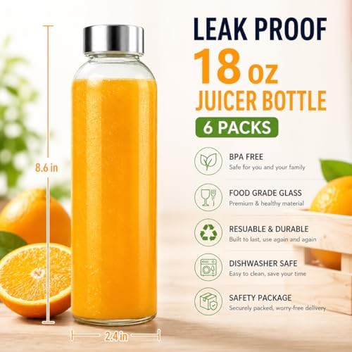 Zukro 18 oz Clear Glass Juice Bottles with Stainless Steel Lids Leak Proof