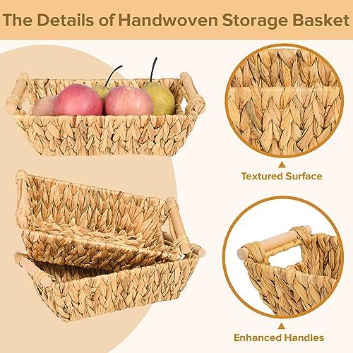Small Wicker Baskets for Organizing, Water Hyacinth Wicker Storage Basket with Handle, Pantry Baskets for Shelves, Toile