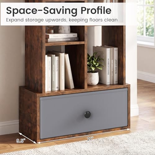 Tangkula 7-Tier Narrow Bookshelf with Fabric Drawer, Staggered Geometric Bookcase for Small Spaces, Industrial Wooden St
