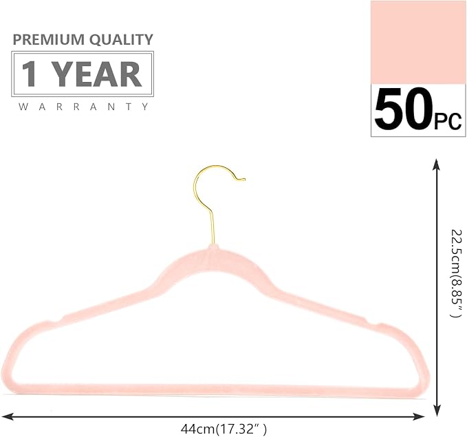 MIZGI Premium Velvet Hangers (Pack of 50) Heavyduty - Non Slip - Velvet Suit Hangers Blush Pink - Gold Hooks,Space Saving Clothes Hangers Felt Organizer