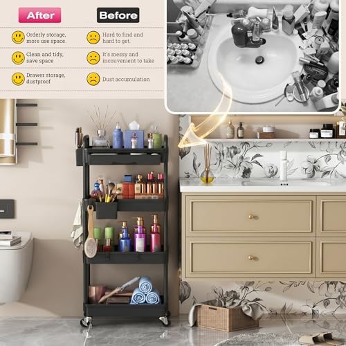 Goovilla Rolling Makeup Organizer Cart with Removable Drawer, 4 Tier Black