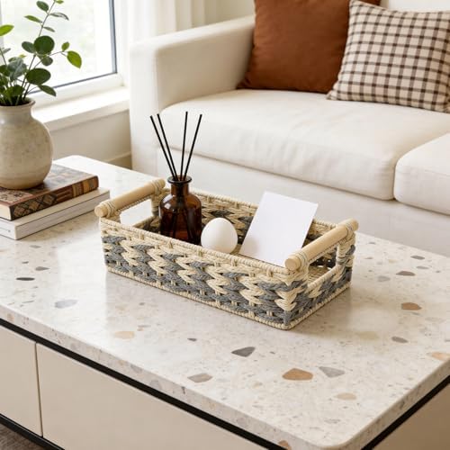 JJSQ Storage Baskets for Organizing with Handles Paper Rope Woven Storage Basket for Shelves Decorative Storage Bins for