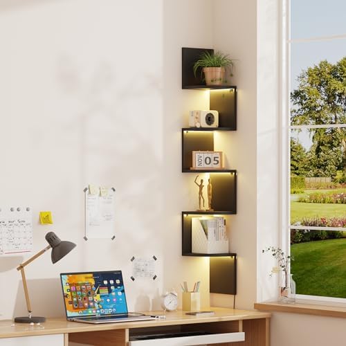 Qupui 5-Tier Tall Corner Shelf with LED, 57" Wall Shelf, Black