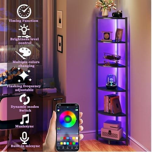 Corner Shelf with LED Lights, 6-Tier Corner Bookshelf, 66'' Organizer Book Shelf Shelves Steel Frame Display Stand with 