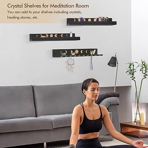Crystal Shelf with Hooks Set of 3, Moon Shelf Display Wall Mount, Wood Floating Shelves for Celestial Decor and Room Dec