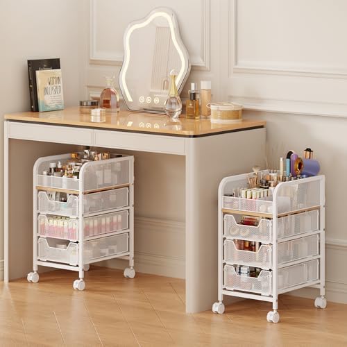 Rolling Makeup Cart Organizer with 3 Drawers, 4-Tier Narrow Floor Skincare Organizers with dividers, Vanity Organizer Co