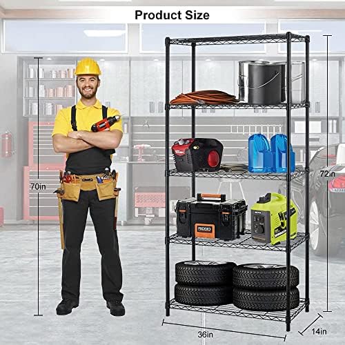 Storage Shelves, 5 Tier Metal Shelf Adjustable Height NSF Certification Shelving 36 "L x 14 "W x 72 "H Tool Shelf 1250Lb