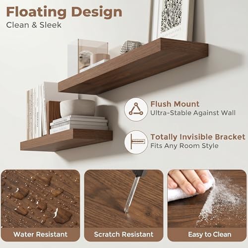 FLYJOE 24 Inch Floating Shelves for Wall Set of 2, 6.5" D Wood Grain Bathroom Shelves with Invisible Brackets, Easy Inst