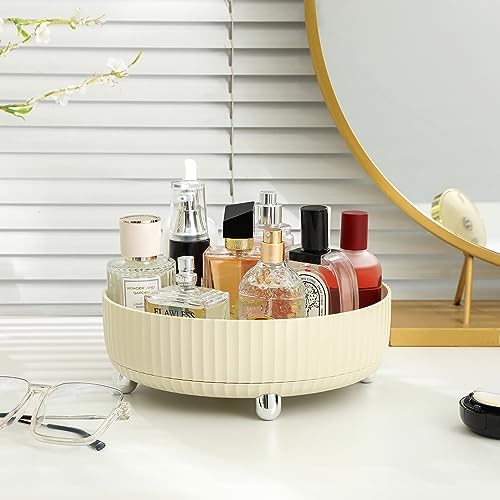 360 Rotating Makeup Perfume Organizer Skincare Tray, Large Beige
