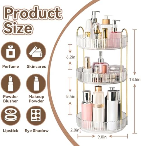 360° Rotating Makeup Organizer for Vanity, 3 Tier Perfume Organizers, Clear