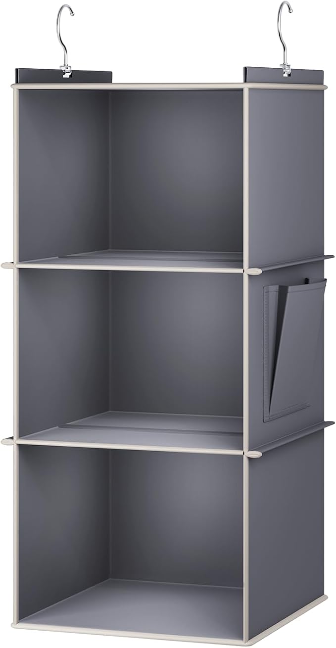 YOUDENOVA Hanging Closet Organizer, 3-Shelf Closet Hanging Storage Shelves, Grey