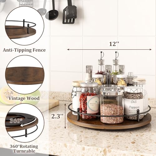 12" Lazy Susan Turntable Organizer,Round Wooden Lazy Susan Organization and Rotating Spice Rack for Dining Table,Pantry,