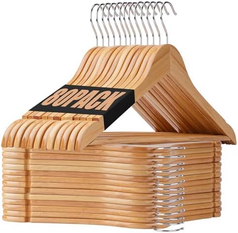 Korpai 80 Pack Wooden Hangers,Wooden Clothes Hangers with Smooth Pant Bar and Shoulder Notches,Heavy Duty Wood Hangers with 360-Degree Rotatable Hook, Coat Hangers for Coats,Shirts,Dress,Pants,Natural