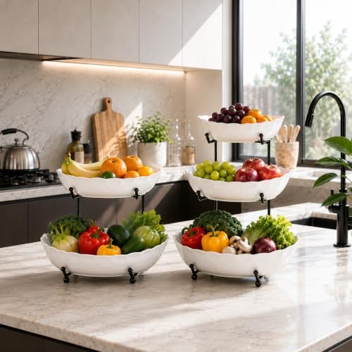 HBlife 2 Tier Large Fruit Bowl, Ceramic Fruit Basket for Kitchen Counter