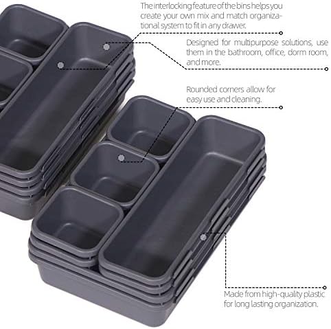TENABORT 42 Pack Interlocking Desk Drawer Organizer Tray Dividers Plastic Shallow Narrow Drawers Organizers Separators Storage Bins Container for Kitchen Bathroom Makeup Office Vanity Dresser