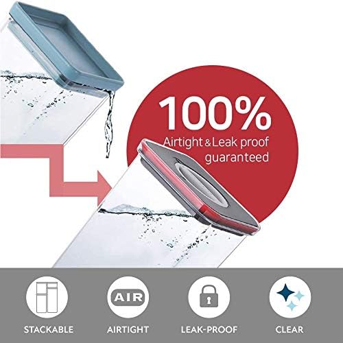 Neoflam Smart Seal 8pc Patent Airtight Kitchen Pantry Canister/Organizer Clear Plastic Container & Simple Twist, 100% Leak Proof, Dishwasher Safe, BPA Free, Dry Food Storage Set, Square, Black/Red Lid
