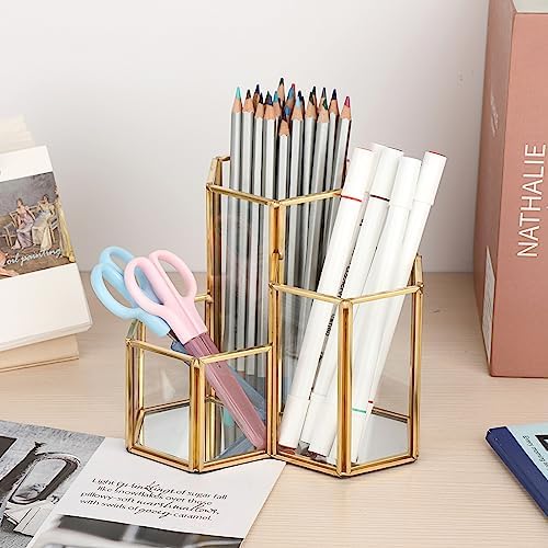 Hipiwe Glass Makeup Brush Holder 3 Slot Gold Desktop Pen Pencil Pot Cup