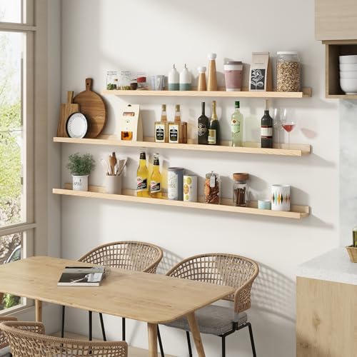 Picture Ledge Shelf for Wall, 24 inch Solid Pine Wood Nursery Book Shelves 2 Packs, Floating Ledge Shelves for Kids' Room Bedroom Bathroom Living Room Photo Frames Office Nursey Wall Decor, Natural