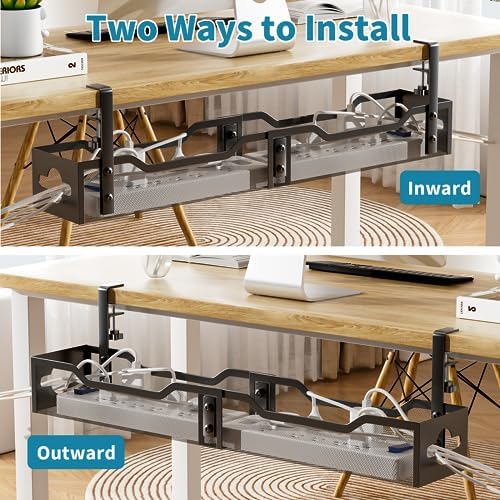 Under Desk Cable Management Tray Black, Litwaro Cable Management Under Desk No Drill, 25'' Cable Tray with Clamp for Wir