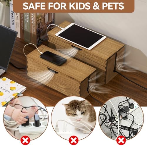 KIRIGEN Wooden Cable Management Box Set of 2, Cord Organizer, Brown