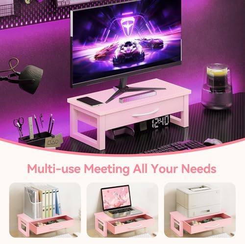 Desk Organizers and Accessories, Computer Monitor Stand Riser with Fabric Drawer, 2-Tier Laptop Stand for Desk, Office O