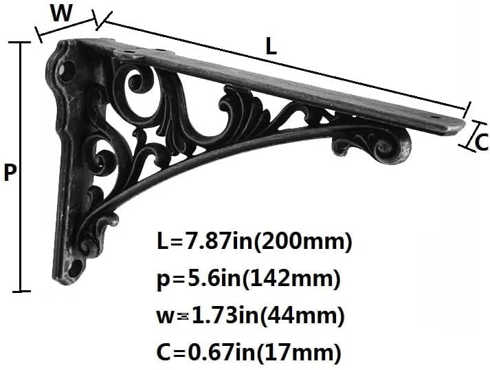 Decorative Shelf Bracket 8 inch, Rustic Black Iron Brackets for Shelving, Heavy Duty Vintage, DIY Projects, Hardware Inc