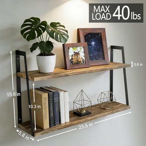SRIWATANA Carbonized Black 2-Tier Floating Shelves, Wood Wall Storage Shelf