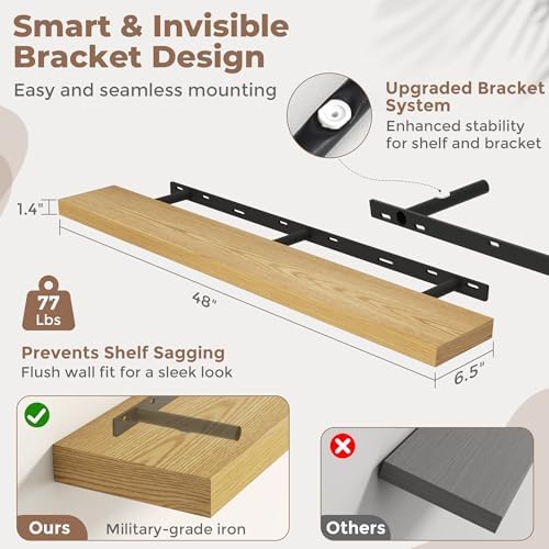48 Inch Floating Shelves for Wall, 6.5"D Wood Storage Shelves, Oak Finish
