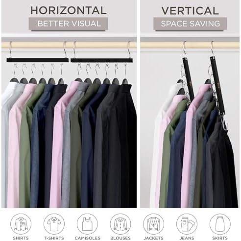 MORALVE Space Saving Hangers for Closet – 4 Pack European Beechwood 6-Tier Shirt Organizer with 360° Swivel Hook – Colla