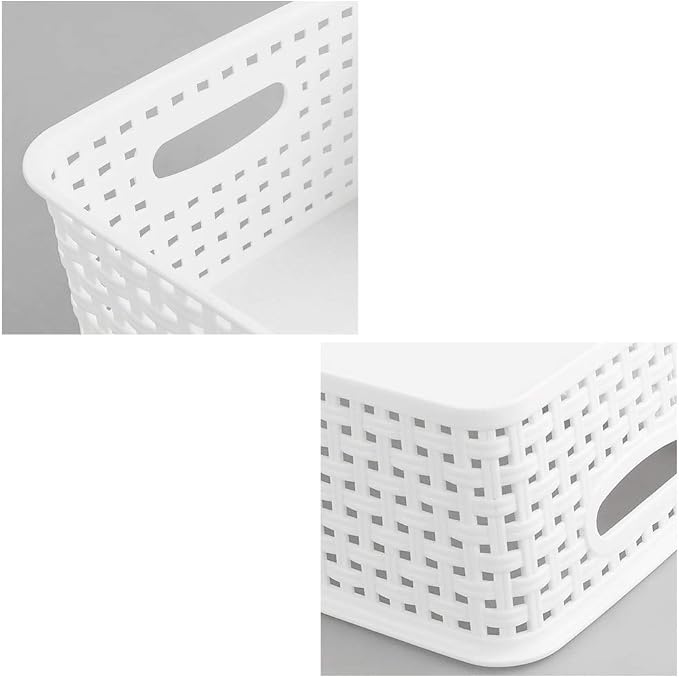 4-Pack Small Storage Baskets, Woven Plastic Basket, White | 10" x 7.7" x 4", Home Organization, Space - Saving Storage, Stylish Design, Organizer Baskets for Cabinet, Closet, Office