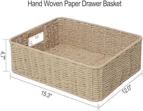 Rectangular Woven Paper Rope Storage Baskets for Shelves(Khaki)