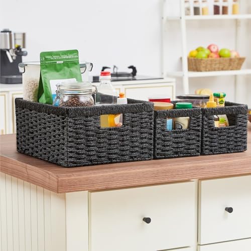Vagusicc Wicker Storage Basket, Set of 3 Wicker Basket, Hand-Woven Paper Rope Storage Baskets for Organizing, Large Cube