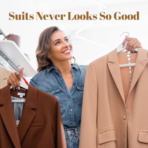 HOUSE DAY Wooden Suit Hangers 6 Pack，Heavy Duty Wide Shoulder Hangers, Solid Wood Coat Hanger with Non-Slip Pant Bar for Petite Adults, Teens and Small Suits, Coats, Jackets (White, 16.5‘’)